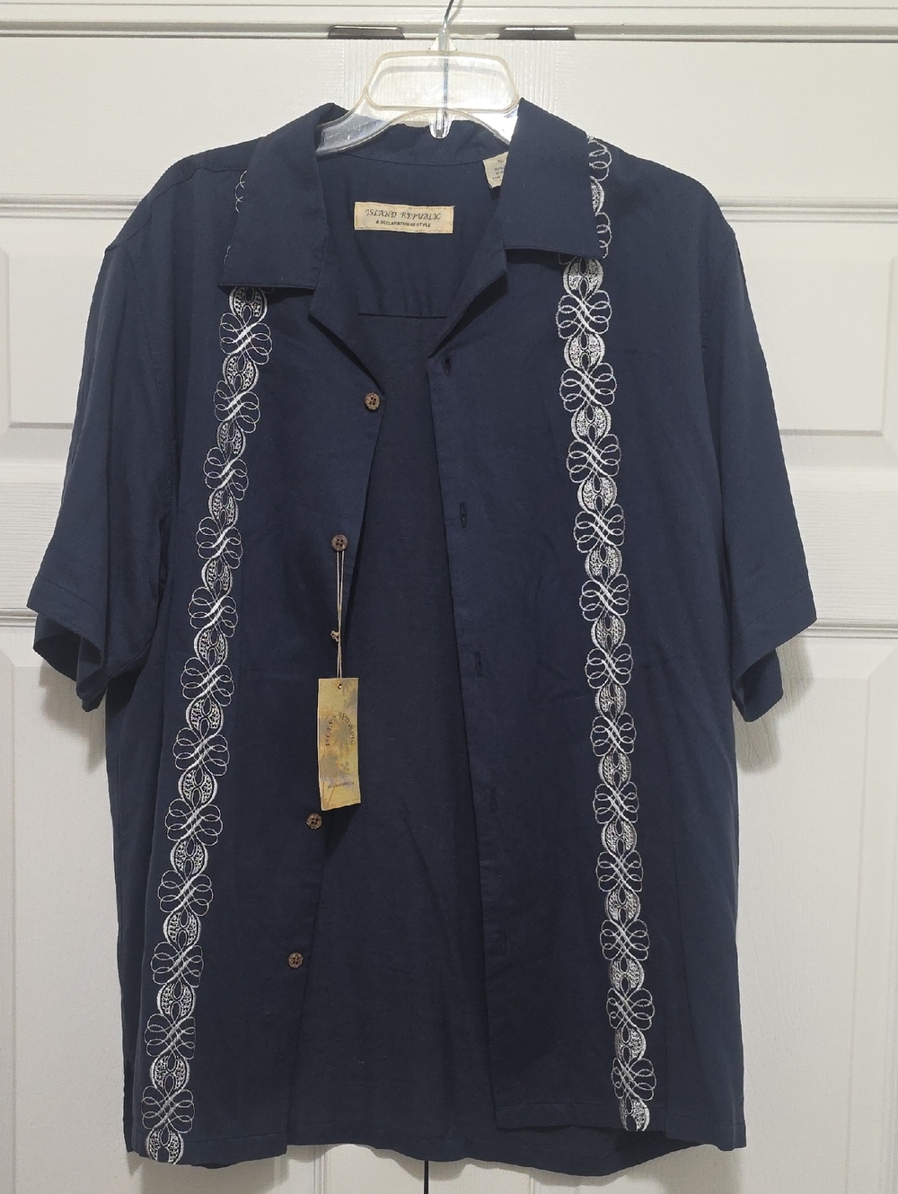Island Republic Navy Short-Sleeve Button-Down Shirt with White Embroidery